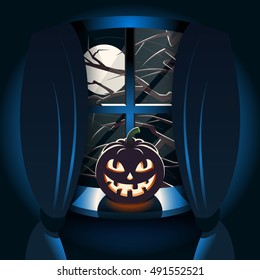 Happy Halloween Poster.
Vector illustration. Pumpkin on a background of the moon.