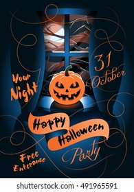 Happy Halloween Poster. Vector illustration.
Orange pumpkin on the windowsill in the background of the moon.