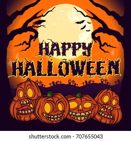 Happy Halloween poster. Vector illustration of Halloween pumpkins with crazy faces under moon on cemetery. Good for stickers, posters, invitation and greeting cards.