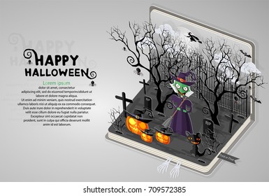 Happy Halloween Poster. Vector illustration in flat design and isometric paper cut pop-up style.