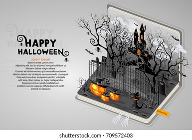 Happy Halloween Poster. Vector illustration in flat design and isometric paper cut pop-up style.