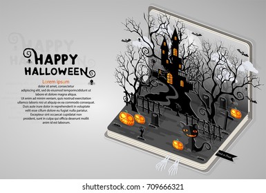 Happy Halloween Poster. Vector illustration in flat design and isometric paper cut pop-up style.