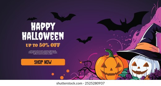 Cartaz feliz de Halloween, vetor de Halloween, fantasma de abóbora, chapéu de assistente, abóbora de desenho animado, Web design, abóbora branca, fundo feliz de Halloween, decoração assustador, Truque ou deleite, Férias