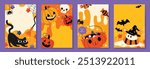 Happy Halloween poster vector set. cute collection spooky ghost, pumpkin, bat, candy, moon, skull, spider. Illustration halloween festival for decoration, prints, website, promotion, ads.