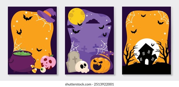 Happy Halloween poster vector set. cute collection spooky ghost, pumpkin, bat, candy, moon, skull, spider. Illustration halloween festival for decoration, prints, website, promotion, ads.