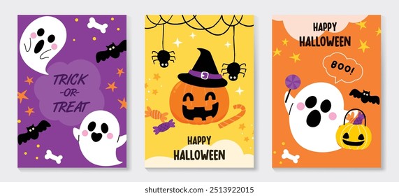 Happy Halloween poster vector set. cute collection spooky ghost, pumpkin, bat, candy, moon, skull, spider. Illustration halloween festival for decoration, prints, website, promotion, ads.