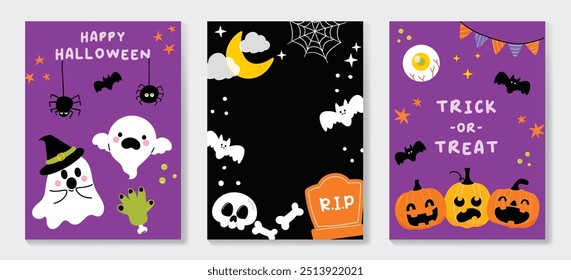 Happy Halloween poster vector set. cute collection spooky ghost, pumpkin, bat, candy, moon, skull, spider. Illustration halloween festival for decoration, prints, website, promotion, ads.