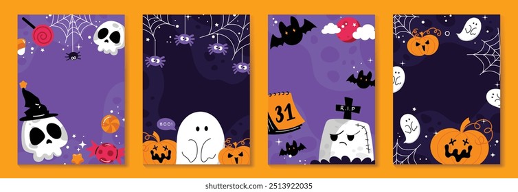 Happy Halloween poster vector set. cute collection spooky ghost, pumpkin, bat, candy, moon, skull, spider. Illustration halloween festival for decoration, prints, website, promotion, ads.