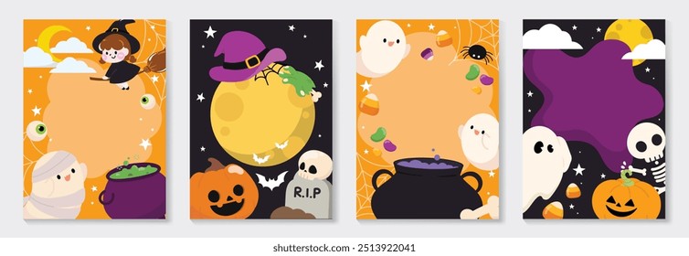 Happy Halloween poster vector set. cute collection spooky ghost, pumpkin, bat, candy, moon, skull, spider, cat, witch. Illustration halloween festival for decoration, prints, website, promotion, ads.