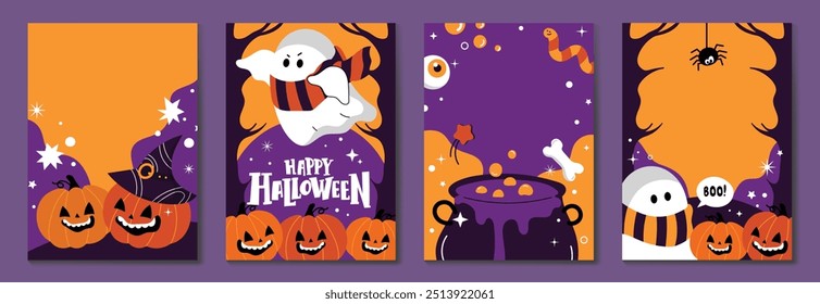 Happy Halloween poster vector set. cute collection spooky ghost, pumpkin, bat, candy, moon, skull, spider. Illustration halloween festival for decoration, prints, website, promotion, ads.