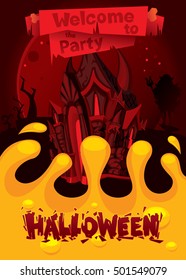 Happy Halloween poster. Welcome to the party. vector illustration. 
Red fantasy castle