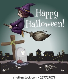 A happy halloween poster with a witch