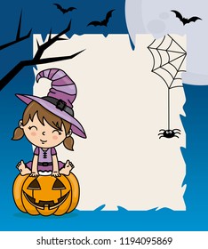 Happy halloween poster. Witch disguised as a witch sitting on a pumpkin. Space for text