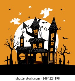 Happy Halloween poster with witch house, ghosts, bats, moon, landscape elements drawn in doodle style. Vector illustration for invitations, party flyers, greetings cards, posters