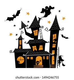 Happy Halloween poster with witch house, ghosts, bats, witch and broom drawn in doodle style. Vector illustration for invitations, party flyers, greetings cards, posters