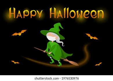 Happy Halloween poster. Witch in medical mask. Vector illustration.