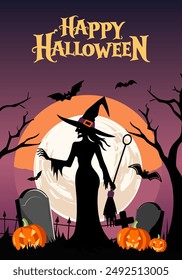 Happy Halloween poster with witch, moon, cemetery, pumpkins. Halloween witch silhouette. Place for text. Brochure background. 