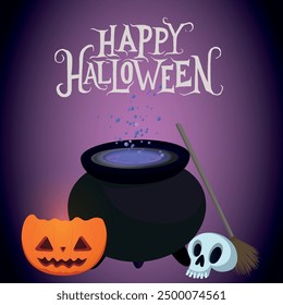 Happy Halloween poster with  a witch's cauldron, pumpkin, skull, and broom. Trendy flat design for decoration, ads, greetings, banner, poster, cover, print 