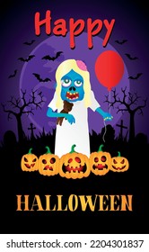 Happy Halloween poster with zombie girl. Halloween greeting card. Vector illustration