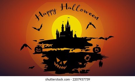 Happy Halloween posters with bats, haunted castles and pumpkins. Trendy design for banners, party invitation in vector format.	