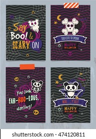 Happy Halloween posters, cards, backgrounds, wallpapers. Scary, cute panda monsters. Trendy typographic decoration for children's party. 
