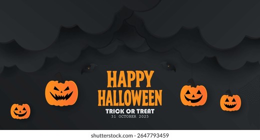 Happy Halloween posters, cards, banner with night clouds pumpkins Full moon and flying bat in paper cut style. collection of Halloween background, flayer, cover, Brochure with copy space for ads promo