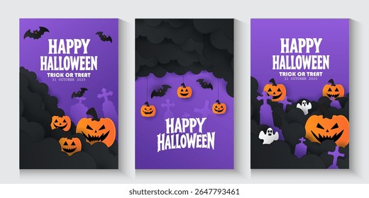 Happy Halloween posters, cards, banner with night clouds pumpkins Full moon and flying bat in paper cut style. collection of Halloween background, flayer, cover, Brochure with copy space for ads promo
