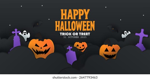 Happy Halloween posters, cards, banner with night clouds pumpkins Full moon and flying bat in paper cut style. collection of Halloween background, flayer, cover, Brochure with copy space for ads promo