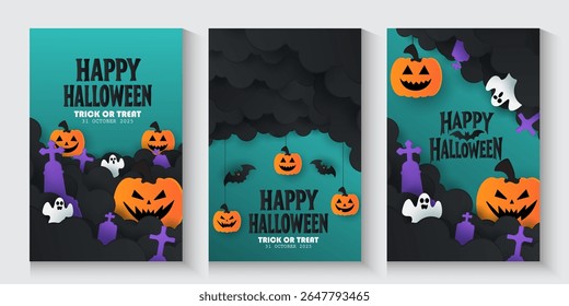 Happy Halloween posters, cards, banner with night clouds pumpkins Full moon and flying bat in paper cut style. collection of Halloween background, flayer, cover, Brochure with copy space for ads promo