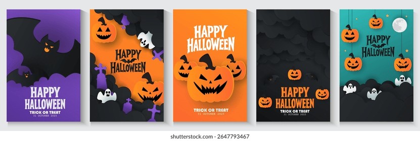 Happy Halloween posters, cards, banner with night clouds pumpkins Full moon and flying bat in paper cut style. collection of Halloween background, flayer, cover, Brochure with copy space for ads promo