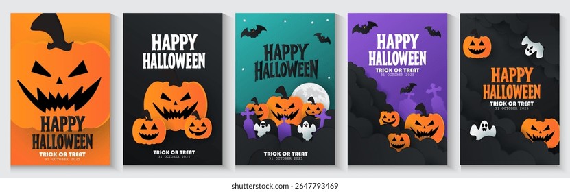 Happy Halloween posters, cards, banner with night clouds pumpkins Full moon and flying bat in paper cut style. collection of Halloween background, flayer, cover, Brochure with copy space for ads promo