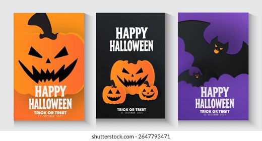 Happy Halloween posters, cards, banner with night clouds pumpkins Full moon and flying bat in paper cut style. collection of Halloween background, flayer, cover, Brochure with copy space for ads promo