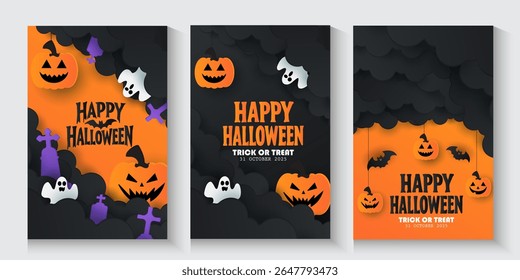 Happy Halloween posters, cards, banner with night clouds pumpkins Full moon and flying bat in paper cut style. collection of Halloween background, flayer, cover, Brochure with copy space for ads promo