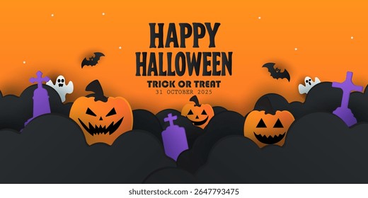Happy Halloween posters, cards, banner with night clouds pumpkins Full moon and flying bat in paper cut style. collection of Halloween background, flayer, cover, Brochure with copy space for ads promo