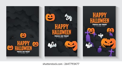 Happy Halloween posters, cards, banner with night clouds pumpkins Full moon and flying bat in paper cut style. collection of Halloween background, flayer, cover, Brochure with copy space for ads promo