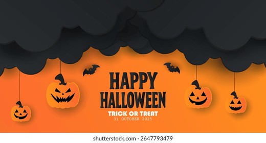 Happy Halloween posters, cards, banner with night clouds pumpkins Full moon and flying bat in paper cut style. collection of Halloween background, flayer, cover, Brochure with copy space for ads promo