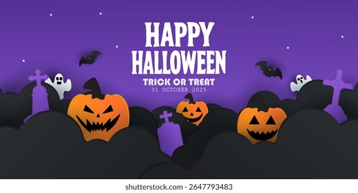 Happy Halloween posters, cards, banner with night clouds pumpkins Full moon and flying bat in paper cut style. collection of Halloween background, flayer, cover, Brochure with copy space for ads promo