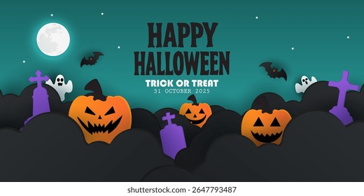 Happy Halloween posters, cards, banner with night clouds pumpkins Full moon and flying bat in paper cut style. collection of Halloween background, flayer, cover, Brochure with copy space for ads promo