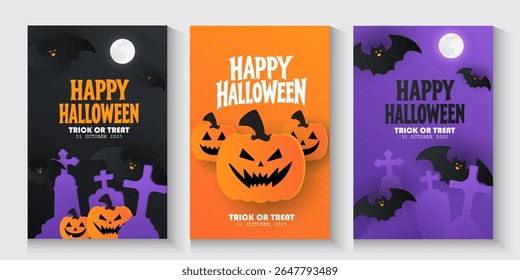 Happy Halloween posters, cards, banner with night clouds pumpkins Full moon and flying bat in paper cut style. collection of Halloween background, flayer, cover, Brochure with copy space for ads promo