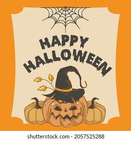 Happy Halloween posters with pumpkins in paper cut style. Full moon, witch cauldron, spiders web and flying bat. Place for text. Brochure background. Vector illustration