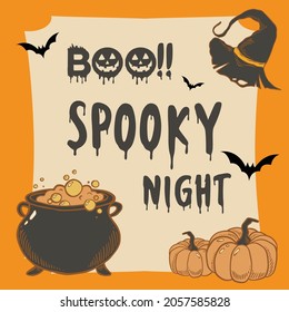 Happy Halloween posters with pumpkins in paper cut style. Full moon, witch cauldron, spiders web and flying bat. Place for text. Brochure background. Vector illustration