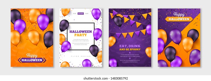 Happy Halloween posters set with colorful balloons for party invitation or menu design. Place for your text. Vector illustration. Carnival background with flags garlands and confetti