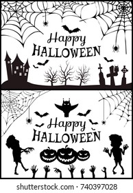 Happy halloween posters set, colorless images of house, scary pumpkins, zombies and hands, spiders and cobwebs with cemetery vector illustration