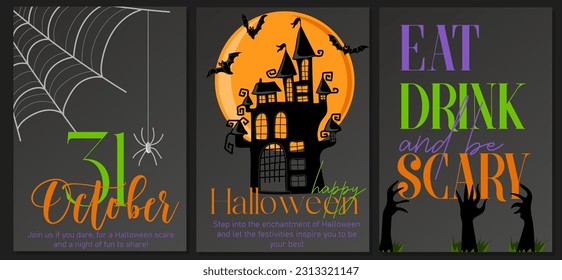 Afiches de Halloween felices listos. Diseño de vacaciones con murciélagos voladores aterradores, luna, araña y telaraña. Fondo del folleto. Ilustración del vector