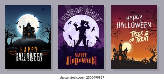 Happy Halloween posters set with night clouds and pumpkins in paper-cut style. Vector illustration. Full moon, witch cauldron, spider web, and flying bat.