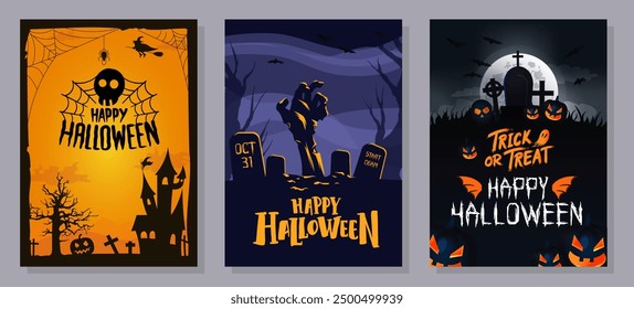 Happy Halloween posters set with night clouds and pumpkins in paper-cut style. Vector illustration. Full moon, witch cauldron, spider web, and flying bat.