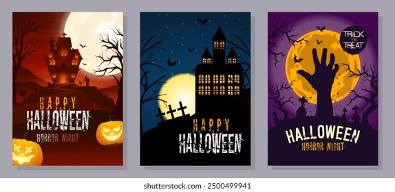 Happy Halloween posters set with night clouds and pumpkins in paper-cut style. Vector illustration. Full moon, witch cauldron, spider web, and flying bat.