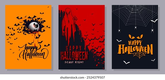 Happy Halloween posters set with night clouds and pumpkins in paper-cut style. Vector illustration. Full moon, witch cauldron, spider web, and flying bat.