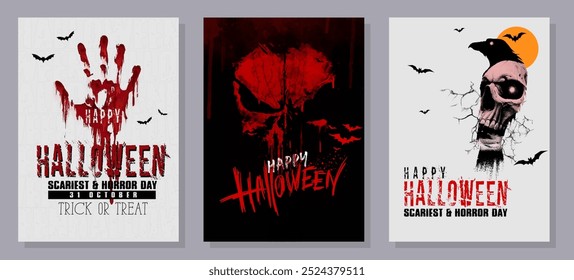 Happy Halloween posters set with night clouds and pumpkins in paper-cut style. Vector illustration. Full moon, witch cauldron, spider web, and flying bat.