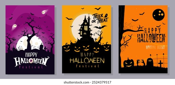 Happy Halloween posters set with night clouds and pumpkins in paper-cut style. Vector illustration. Full moon, witch cauldron, spider web, and flying bat.